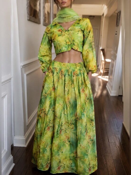 None Other - Beautiful Silk Floral Green Lehenga Choli